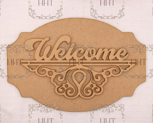 Laser Cut MDF, Wood, Craft, Blank Base, Welcome Sign, Plaque, Home decor, Paintable, 2 piece, Decoupage, Mixed Media 10.5 x 7 in, 1/8