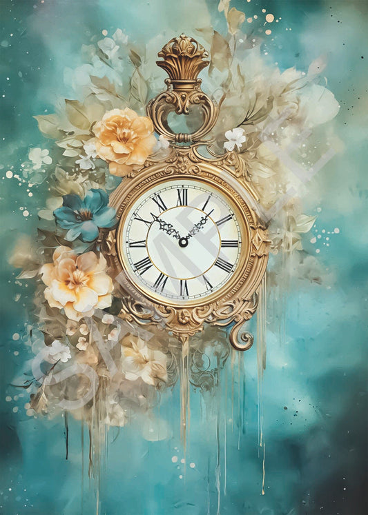 Calambour, Rice Paper, Italian Design, Dreamscape Timepiece, Clock, Floral, 2024 Release, Shabby Chic, Vintage Style, T171, A4, 9 x 12.5 in