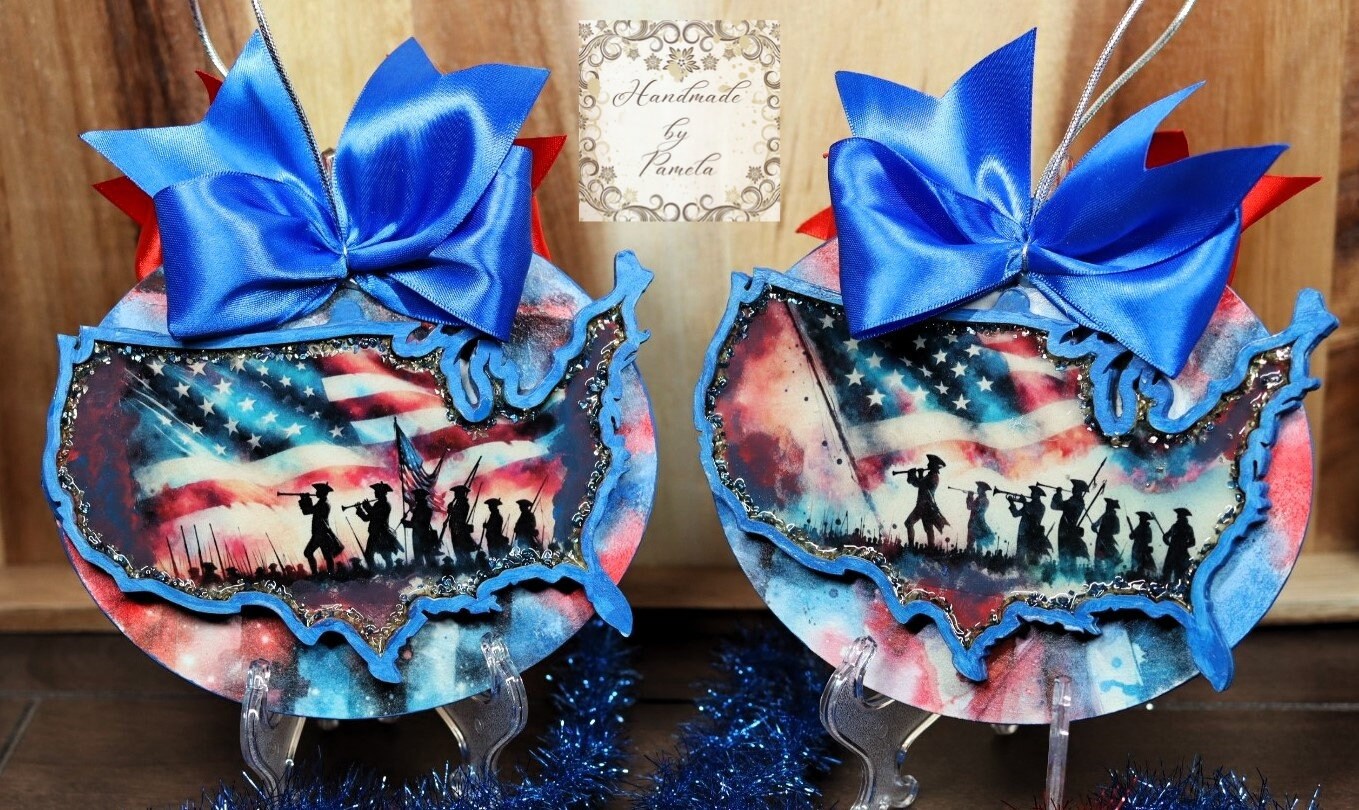 Handcrafted, Laser Cut America, Flag, USA Ornament Set of 2, Decoupage, Mixed Media, Red, White, Blue, Festive, July 4th, Decorations