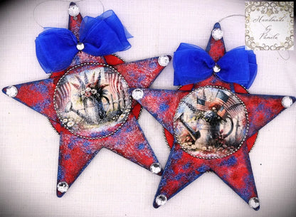 Handcrafted, Decoupage, Patriotic, Star Ornament, July 4th, Independence Day, Decoration, Red, White, Blue, Reversable, Laser Cut MDF Handmade by Pamela