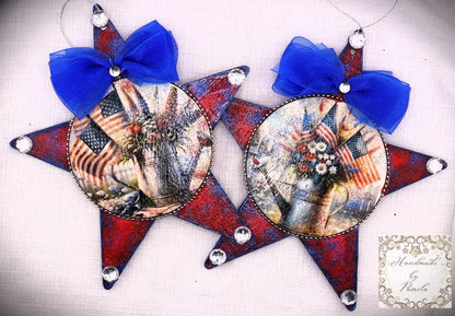 Handcrafted, Decoupage, Patriotic, Star Ornament, July 4th, Independence Day, Decoration, Red, White, Blue, Reversable, Laser Cut MDF Handmade by Pamela