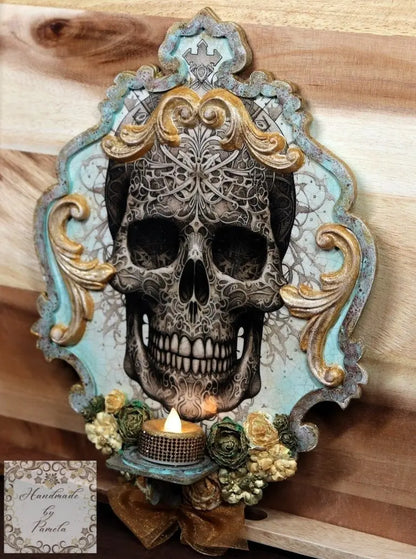 Handcrafted, Mixed Media, Decoupage, Skull, Flameless Candle, Wall Art, Sconce, Home Decor, Day of the Dead, Gothic, Plaque, Laser Cut MDF Handmade by Pamela