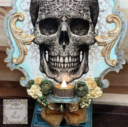 Handcrafted, Mixed Media, Decoupage, Skull, Flameless Candle, Wall Art, Sconce, Home Decor, Day of the Dead, Gothic, Plaque, Laser Cut MDF Handmade by Pamela