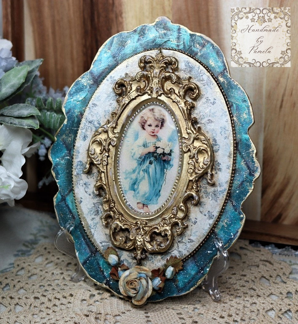 Handcrafted, Mixed Media, Shabby Chic, Decoupage, Angel Plaque, Panel, Wall Art, Vintage Style, Antique Style, Blue, Gold, Laser Cut MDF