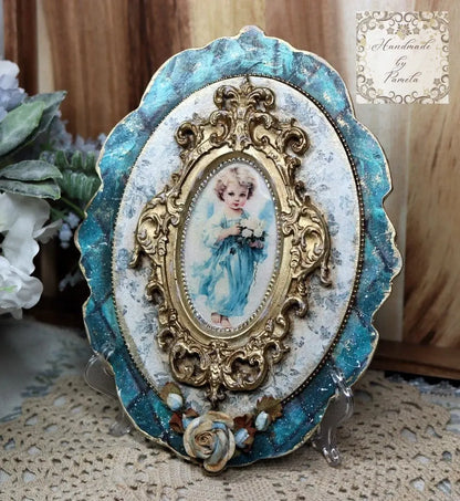 Handcrafted, Mixed Media, Shabby Chic, Decoupage, Angel Plaque, Panel, Wall Art, Vintage Style, Antique Style, Blue, Gold, Laser Cut MDF Handmade by Pamela