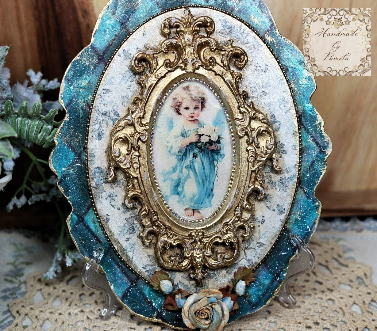 Handcrafted, Mixed Media, Shabby Chic, Decoupage, Angel Plaque, Panel, Wall Art, Vintage Style, Antique Style, Blue, Gold, Laser Cut MDF