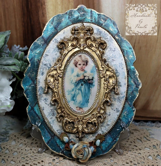 Handcrafted, Mixed Media, Shabby Chic, Decoupage, Angel Plaque, Panel, Wall Art, Vintage Style, Antique Style, Blue, Gold, Laser Cut MDF