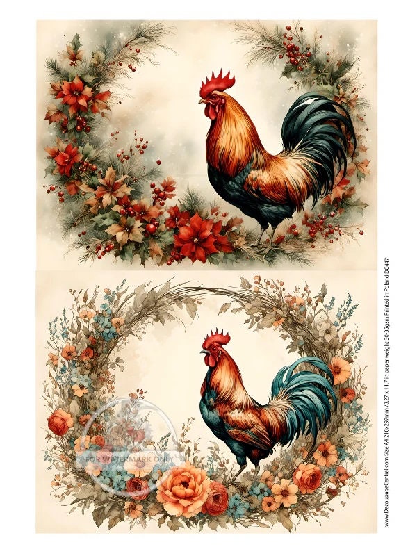 Decoupage Central, Rooster, Flower Wreaths, Colorful, Country, Shabby Chic Style, DC447, Rice Paper, Decoupage, Mixed Media, A4 8.27x11.69