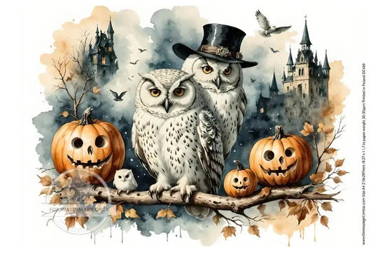 Decoupage Central, Rice Paper, Halloween, White Owls, Pumpkins, Haunted Houses, Jack-O-Lanterns, DC489,  Mixed Media, A4 8.27x11.69 Decoupage Central