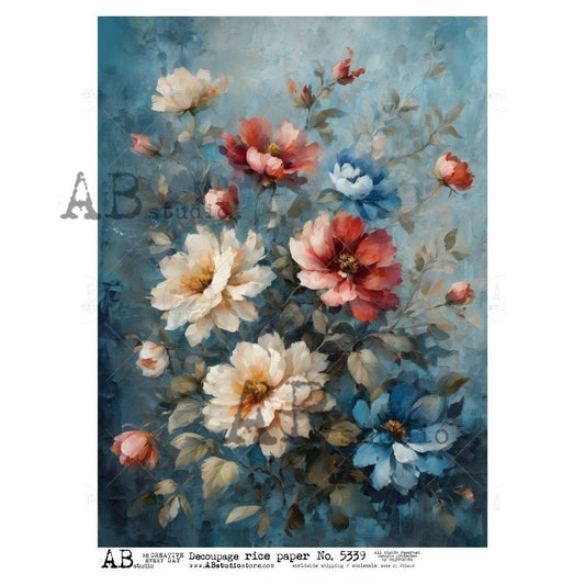 AB Studio, Rice Paper, Decoupage, Mixed Media, Blue, White, Pink, Flowers, Bouquet, Shabby Chic Style, 2024 Release, 5339, A4 8.27 X 11.69