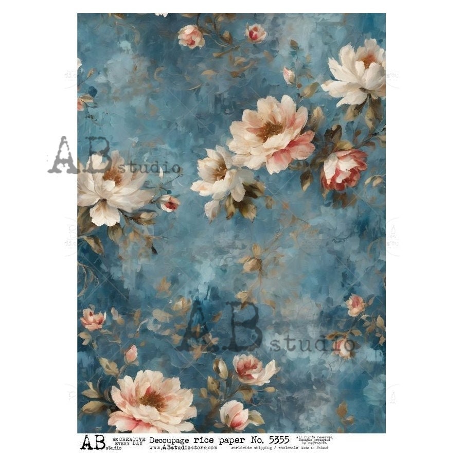 AB Studio, Rice Paper, Decoupage, Mixed Media, Blue, White, Pink, Flowers, Bouquet, Shabby Chic Style, 2024 Release, 5355, A4 8.27 X 11.69