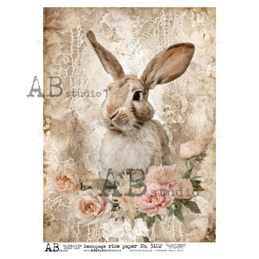 AB Studio, Rice Paper for Decoupage, Spring, Easter, Shabby Chic, Pink Roses, Bunny, 5102, 2024 Release, A4 8.27 X 11.69 Imported Poland