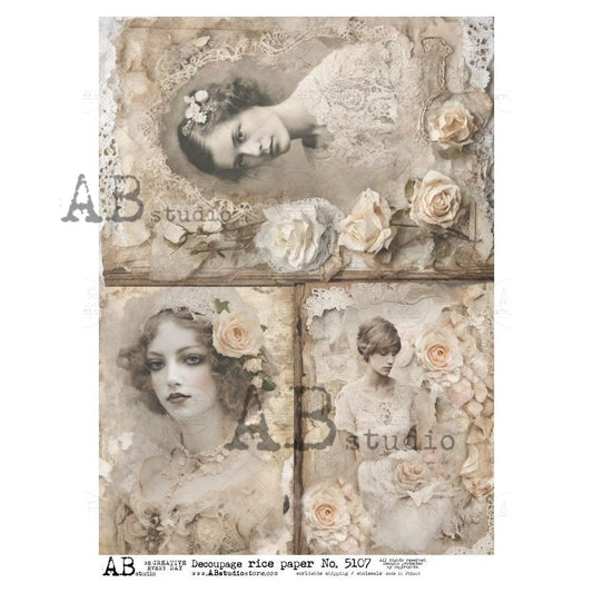 AB Studio, Rice Paper, Decoupage, Mixed Media, Vintage, Women Portraits, White Roses, Old Lace, Shabby Chic Style, 5107, A4 8.27 X 11.69