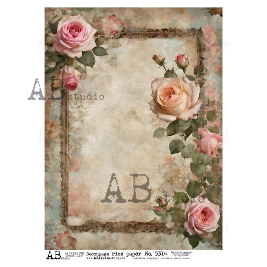 AB Studio, Rice Paper, Decoupage, Mixed Media, Vintage Style, Pink Roses, Flowers, Frame, Shabby Chic, 2024, 5314 A4 8.27 X 11.69