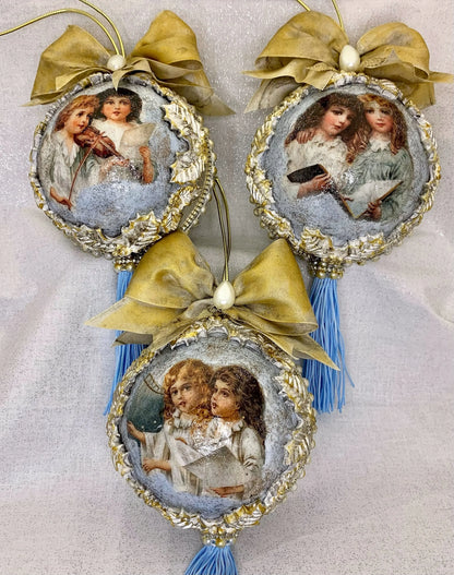 Handcrafted, Shabby Chic, Vintage Style, Christmas, Decoupage, Nostalgic, Angel Choir, Ornament, Bauble Set 3,  Silver, Gold, Mixed Media Handmade by Pamela