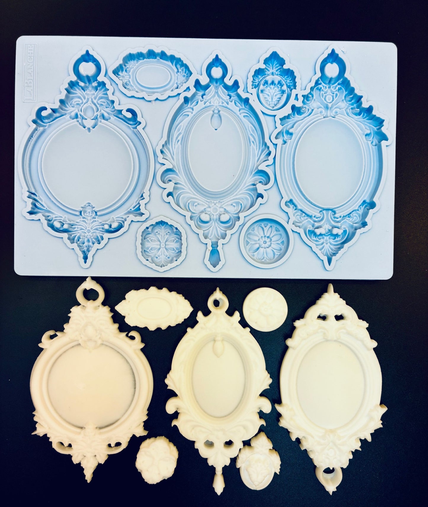 Resin Castings from LaBlanche Silicone Mould, Vintage Style Pendants, Ornaments, 7 Piece, Optional Custom MDF Backs, Decor Embellishments