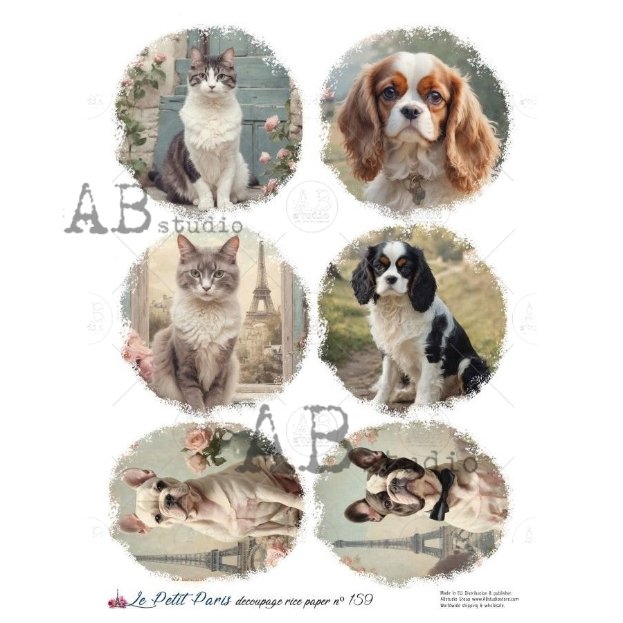 AB Studio, La Petit Paris, Rice Paper, Puppies, Dogs, Rounds, Ornaments, Shabby Chic, Decoupage, Mixed Media, A4 8.27 x 11.69, LP-159