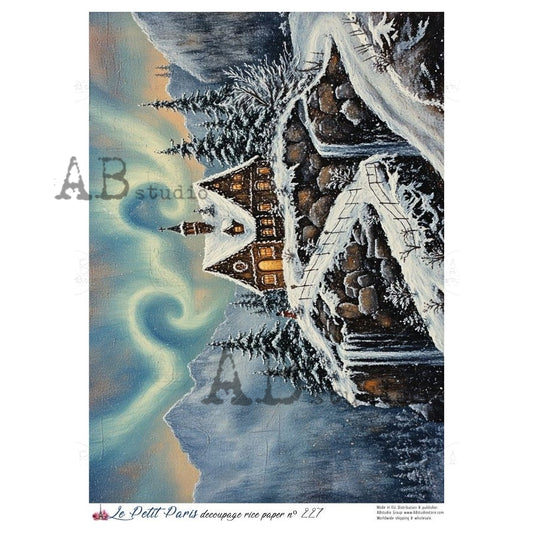 AB Studio, Rice Paper, Christmas, La Petit Paris, Christmas Cottage, Winter Scene, Snow, Trees, A4 8.27 x11.69, Mixed Media, Decoupage NO227