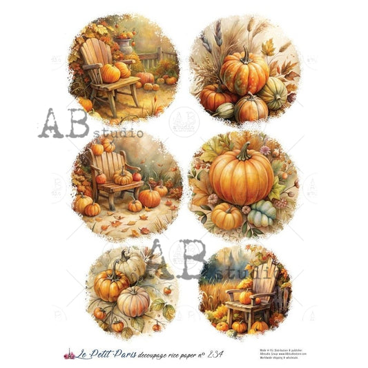 AB Studio, Rice Paper, Christmas, La Petit Paris, Pumpkins, Ornament Rounds, Fall, A4 8.27 x11.69, Mixed Media, Decoupage NO234