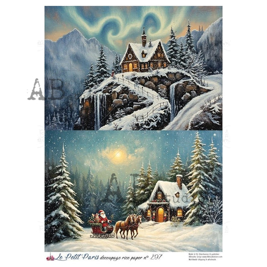 AB Studio, Rice Paper, Christmas, La Petit Paris, Christmas Cottage, Winter Scene, Snow, Trees, A4 8.27 x11.69, Mixed Media, Decoupage LP297