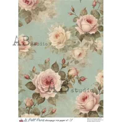 AB Studio, La Petit Paris, Rice Paper, Pink Roses, Blue, Shabby Chic, Background, Wallpaper, Decoupage, Mixed Media, A4 8.27 x 11.69