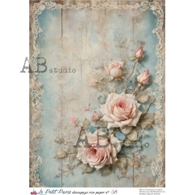 AB Studio, La Petit Paris, Rice Paper, Pink Roses, Blue, Shabby Chic, Background, Wallpaper, Decoupage, Mixed Media, A4 8.27 x 11.69