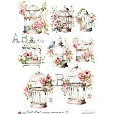 AB Studio, La Petit Paris, Rice Paper, Vintage Style, Bird cages, Roses, Flowers, Ornaments, Decoupage, Mixed Media A4 8.27 x 11.69