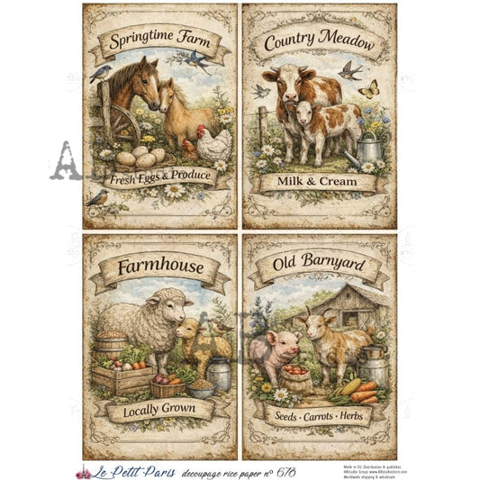 AB Studio Rice Paper, La Petit, Country Farm Animals, Squares, Signs, Decoupage, Mixed Media, Scrapbooking, A4 8.27 x 11.69