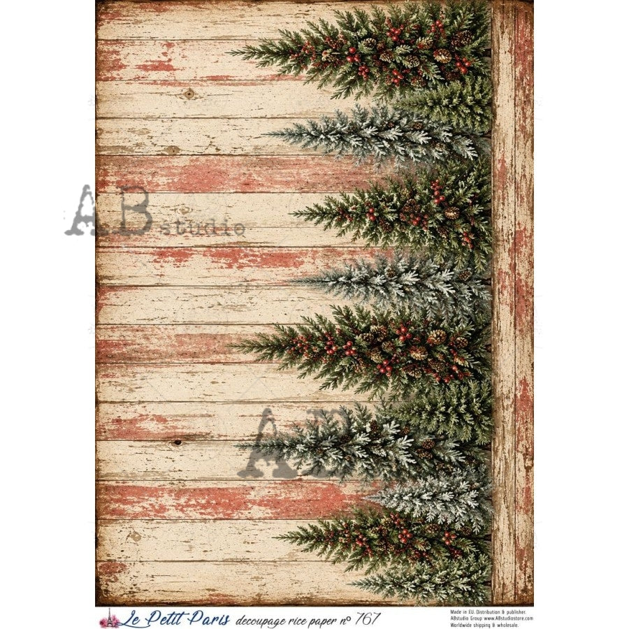 AB Studio Rice Paper, Christmas, La Petit Paris, Rustic Christmas Trees, Background, A4 8.27 x11.69, Mixed Media, Decoupage, Scrapbooking