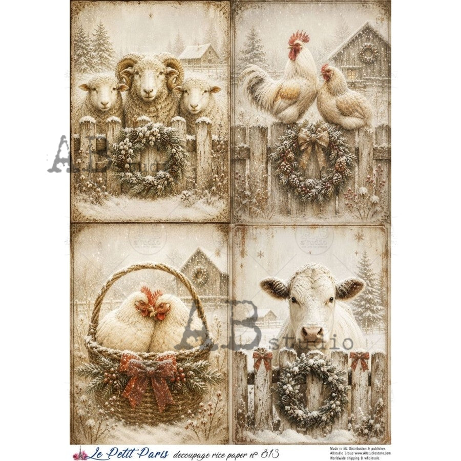 AB Studio Rice Paper, Christmas, La Petit Paris, Christmas Country Farm Animals, A4 8.27 x11.69, Mixed Media, Decoupage, Scrapbooking