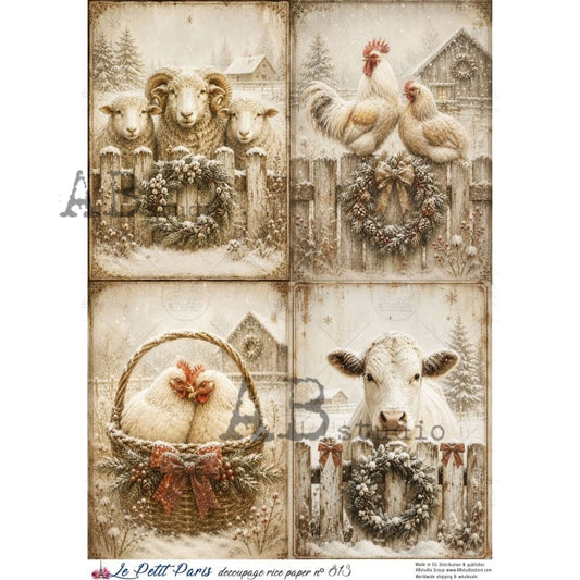 AB Studio Rice Paper, Christmas, La Petit Paris, Christmas Country Farm Animals, A4 8.27 x11.69, Mixed Media, Decoupage, Scrapbooking