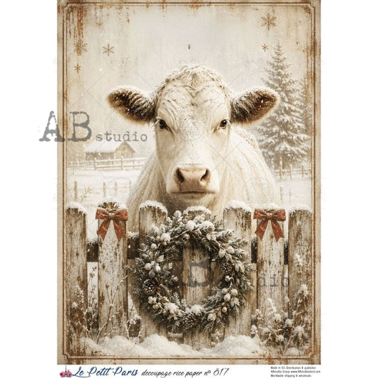 AB Studio Rice Paper, Christmas, La Petit Paris, Christmas Cow, Country Farm, A4 8.27 x11.69, Mixed Media, Decoupage, Scrapbooking