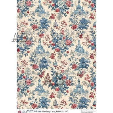 AB Studio, La Petit Paris, Rice Paper, Toile, Blue White, Vintage, Pink, Shabby, Background, Wallpaper, Decoupage, Mixed Media A4 8.2 x 11.6