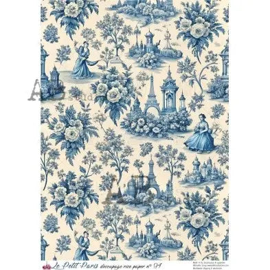 AB Studio, La Petit Paris, Rice Paper, Toile, Blue, White, Vintage, Shabby, Background, Wallpaper, Decoupage, Mixed Media A4 8.27 x 11.69 AB Studio