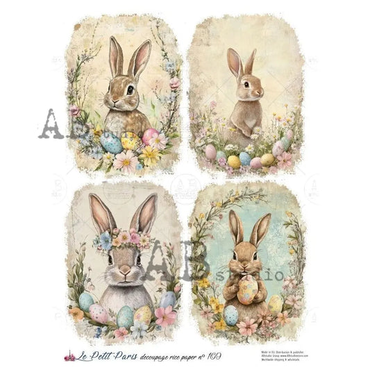 AB Studio, Rice Paper, La Petit, Easter, Bunnies, Rabbits, Eggs, Squares, A4 8.27 x11.69, Mixed Media, Decoupage, LP109 AB Studio