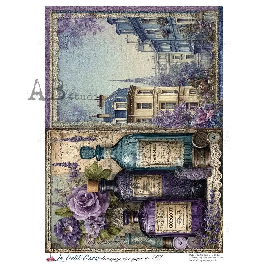 AB Studio, Rice Paper, La Petit, Bottles, Lavender, Squares, Flowers, Vintage Style, A4 8.27 x11.69, Mixed Media, Decoupage, LP267 AB Studio