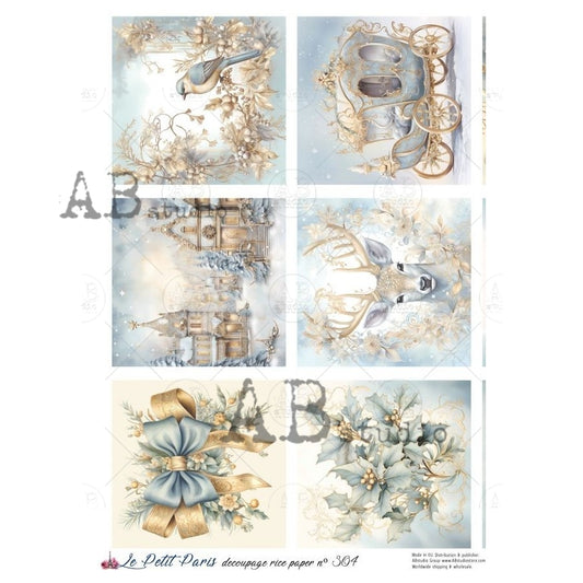 AB Studio, Rice Paper, La Petit, Christmas, Gold, Blue, Squares, Tags,  Chariot, Deer, Scenes, A4 8.27 x11.69, Mixed Media, Decoupage, LP304