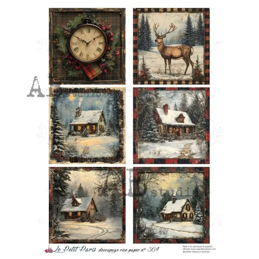 AB Studio, Rice Paper, La Petit, Christmas,  Winter, Snow, Cabins, Deer, Squares, Tags, A4 8.27 x11.69, Mixed Media, Decoupage, LP-365 AB Studio