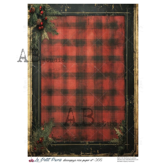 AB Studio, Rice Paper, Christmas, La Petit, Red, Black, Pine Spray, Checkerboard, Background, A4 8.27 x11.69, Mixed Media, Decoupage, LP366