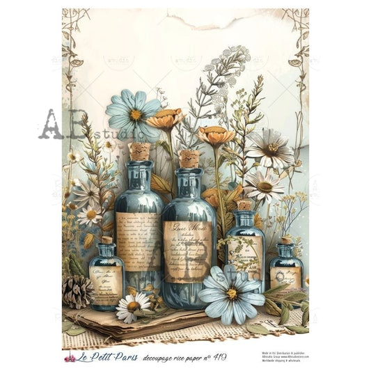AB Studio, La Petit Paris, Rice Paper, Blue Bottles, Flowers, Shabby Chic, Decoupage, Mixed Media, Crafts, LP-419, A4 8.27 x 11.69