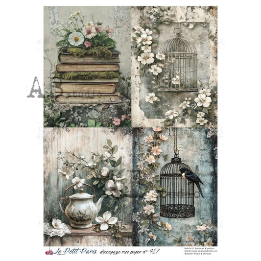 AB Studio, La Petit Paris, Rice Paper, Bird Cages, Books, Flowers, Shabby Chic, Decoupage, Mixed Media, Crafts, LP-427, A4 8.27 x 11.69
