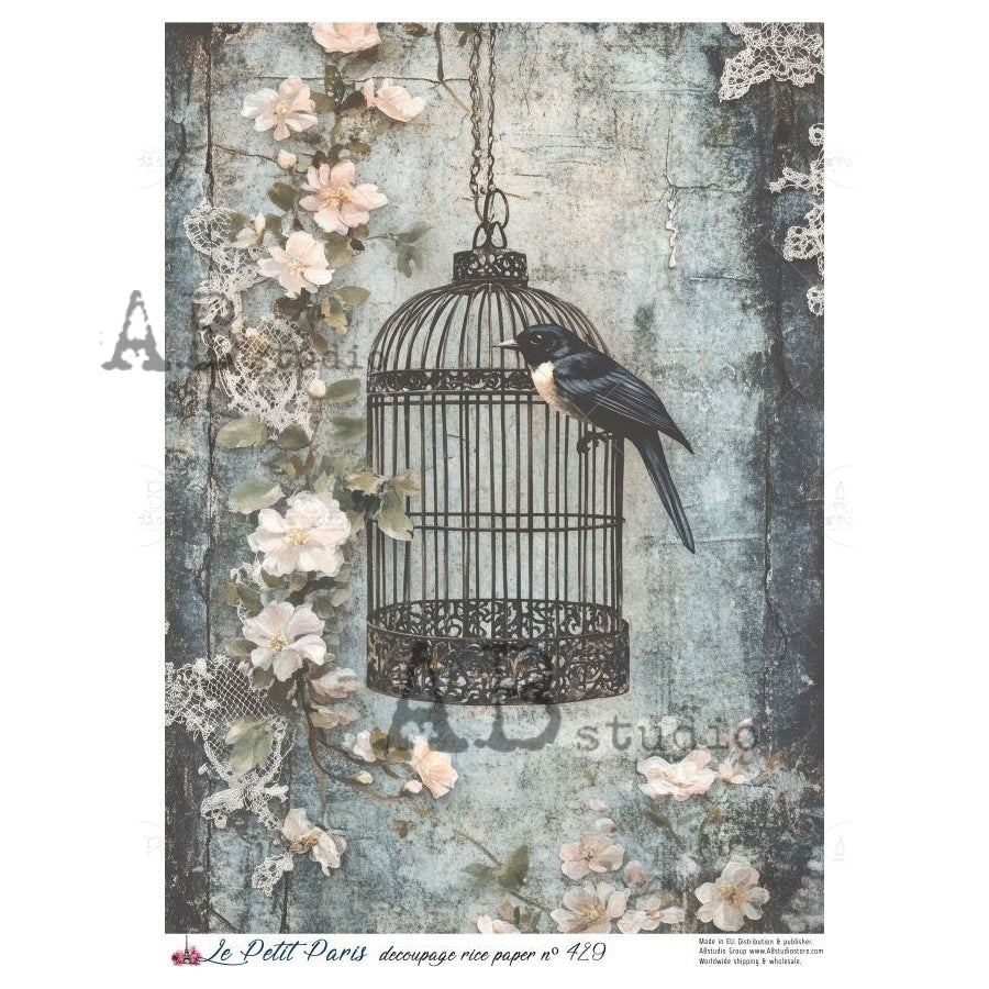 AB Studio, La Petit Paris, Rice Paper, Bird Cage, Flowers, Lace, Shabby Chic, Decoupage, Mixed Media, Crafts, LP-429, A4 8.27 x 11.69