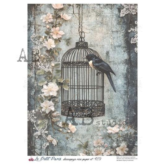 AB Studio, La Petit Paris, Rice Paper, Bird Cage, Flowers, Lace, Shabby Chic, Decoupage, Mixed Media, Crafts, LP-429, A4 8.27 x 11.69