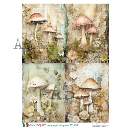AB Studio, Rice Paper, Carte Italiano, Mushroom, Garden, Squares, Flowers, NO156, A4, 8.27 X 11.69, Decoupage, Mixed Media, Crafts