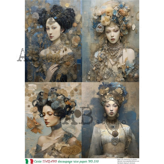 AB Studio, Carte Italiano, Rice Paper,  Art Nouveau, Women  Portraits, Squares, Shabby Chic, Decoupage, Mixed Media, NO-510, A4 8.27 x 11.69