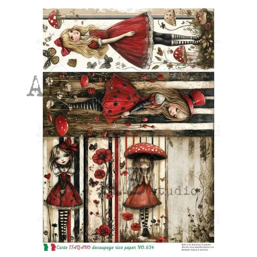 AB Studio, Rice Paper, Carte Italiano, Black, Red, Mushrooms, Girls, Whimsical, A4 8.27 x11.69, Mixed Media, Decoupage, NO-634 AB Studio