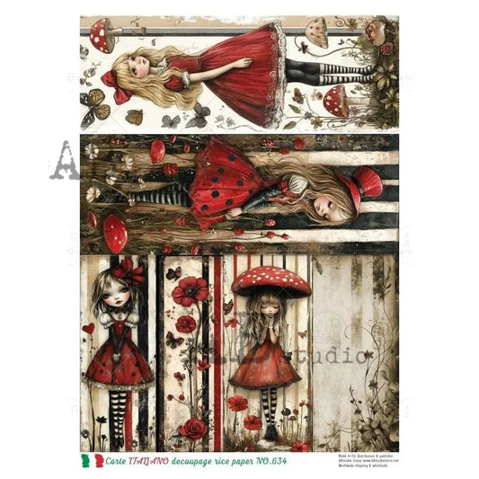 AB Studio, Rice Paper, Carte Italiano, Black, Red, Mushrooms, Girls, Whimsical, A4 8.27 x11.69, Mixed Media, Decoupage, NO-634 AB Studio