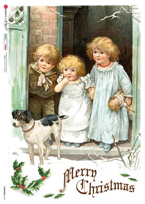 Paper Designs, Rice Paper, Christmas, Vintage Style, Children with Puppy, Nostalgic, A4, 8.3" X 11.7"  Decoupage, Mixed Media, 0350