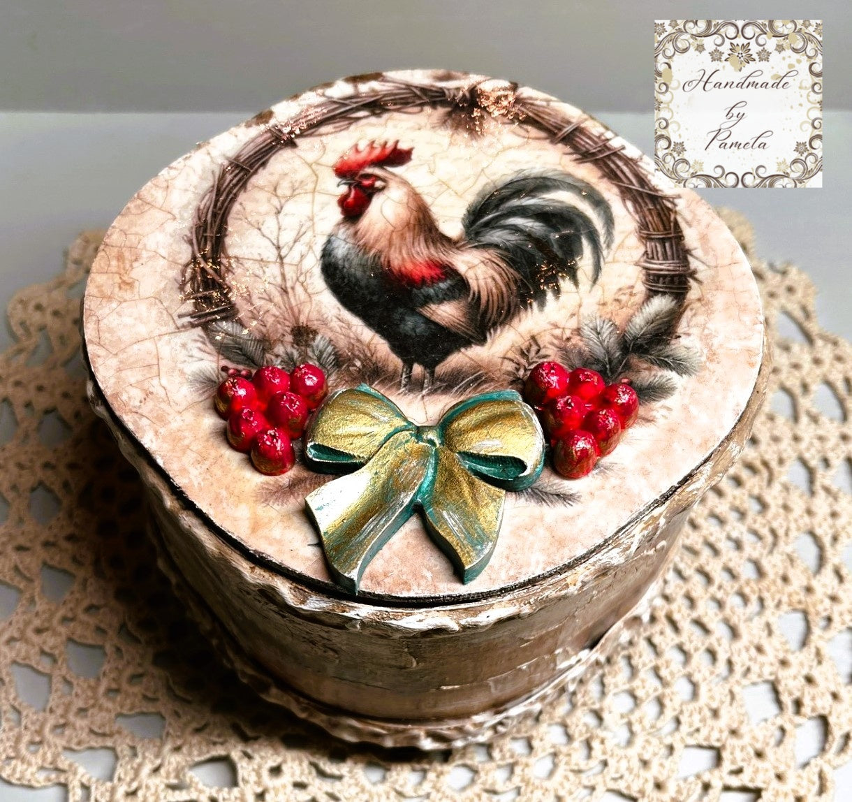 Handcrafted, Country Style Rooster, Laser Cut MDF Trinket Box, Decoupage, Mixed Media, Home Decor