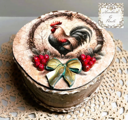 Handcrafted, Country Style Rooster, Laser Cut MDF Trinket Box, Decoupage, Mixed Media, Home Decor Handmade by Pamela